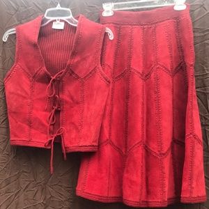 1970s Brick Red Suede and Knit Skirt Vest Set